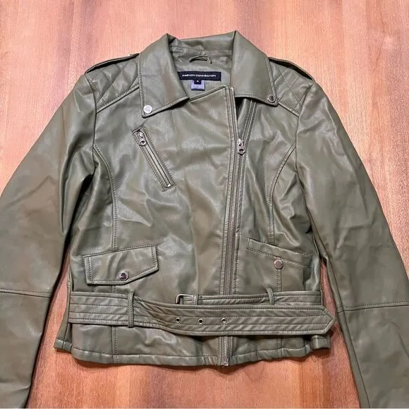 French Connection Women's Asymmetrical Moto With Belt in Summer Olive Size M