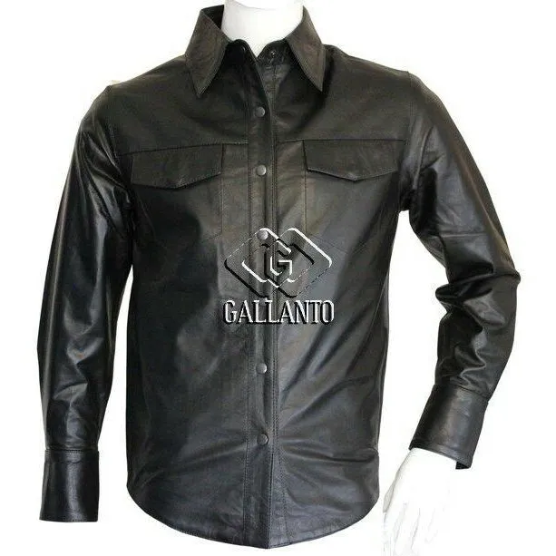 Full Long Sleeve Mens Black Classic Leather Shirt