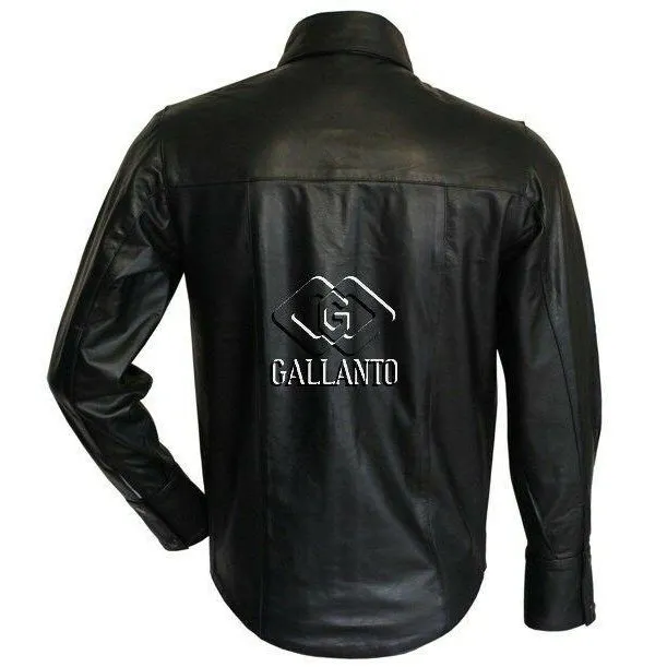 Full Long Sleeve Mens Black Classic Leather Shirt