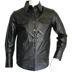 Full Long Sleeve Mens Black Classic Leather Shirt