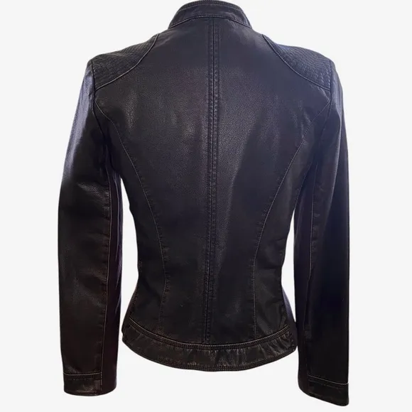 GH Bass @ Co Faux Leather Moto Jacket Dark Brown Brass Zippers Like New Size XS