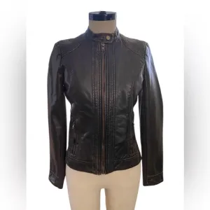 GH Bass @ Co Faux Leather Moto Jacket Dark Brown Brass Zippers Like New Size XS