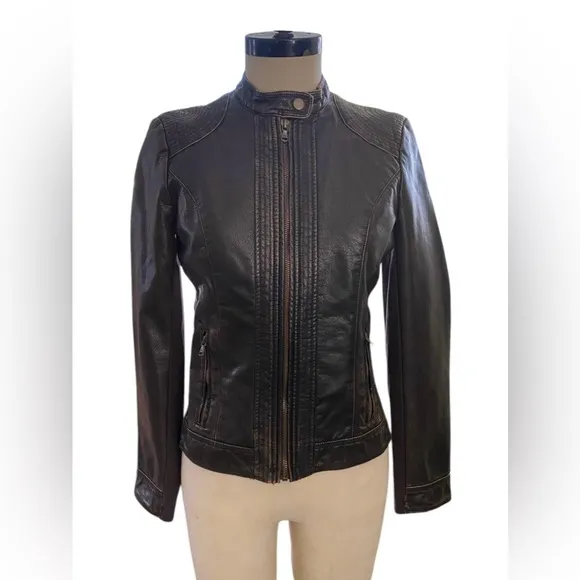 GH Bass @ Co Faux Leather Moto Jacket Dark Brown Brass Zippers Like New Size XS