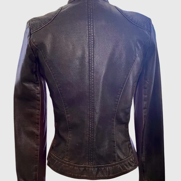 GH Bass @ Co Faux Leather Moto Jacket Dark Brown Brass Zippers Like New Size XS