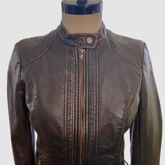 GH Bass @ Co Faux Leather Moto Jacket Dark Brown Brass Zippers Like New Size XS