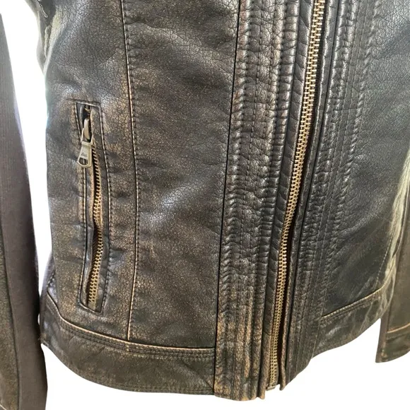 GH Bass @ Co Faux Leather Moto Jacket Dark Brown Brass Zippers Like New Size XS