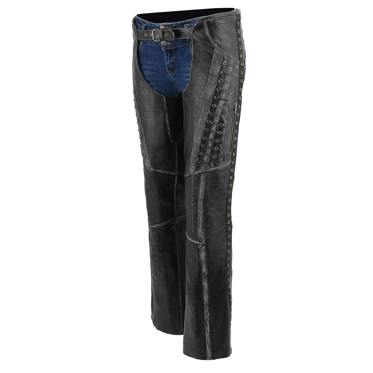 GREY MLL6526 Chaps for Women Black Premium Skin Rubbed Seams- Accented Lace Detailing Motorcycle Chap- MLL6526