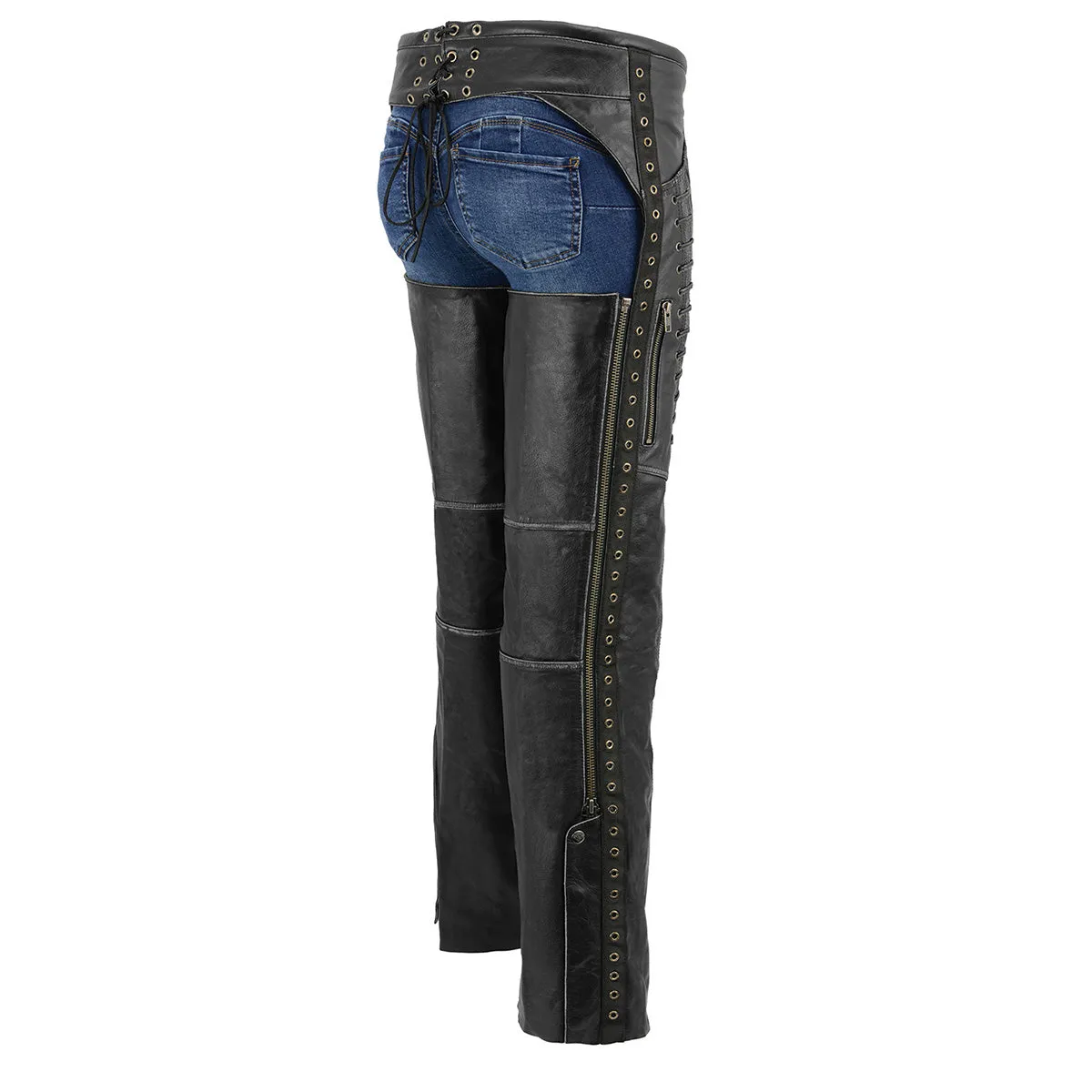 GREY MLL6526 Chaps for Women Black Premium Skin Rubbed Seams- Accented Lace Detailing Motorcycle Chap- MLL6526