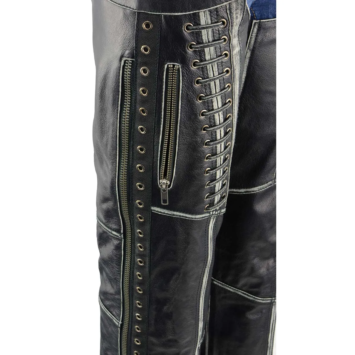 GREY MLL6526 Chaps for Women Black Premium Skin Rubbed Seams- Accented Lace Detailing Motorcycle Chap- MLL6526