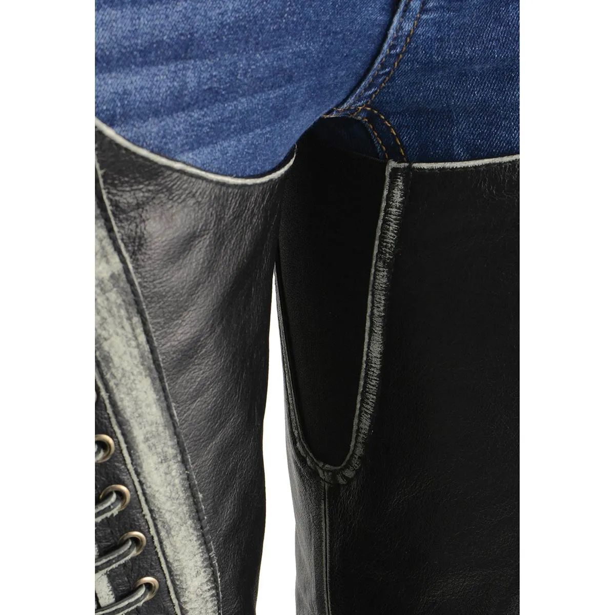 GREY MLL6526 Chaps for Women Black Premium Skin Rubbed Seams- Accented Lace Detailing Motorcycle Chap- MLL6526