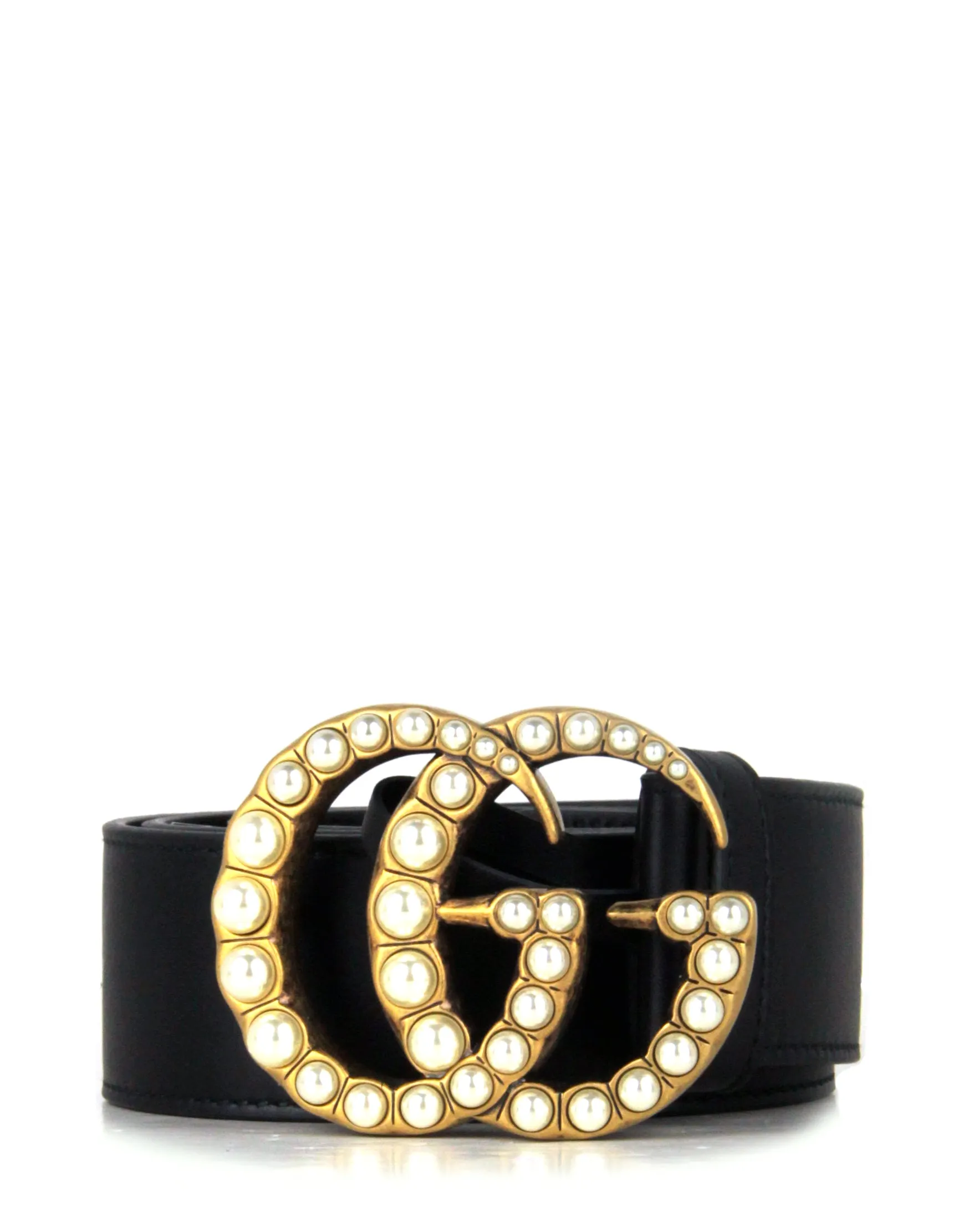 Gucci NWT Black Leather Belt w. Pearl Double G Logo Buckle sz 85/34"