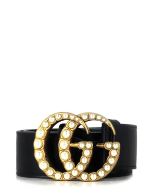 Gucci NWT Black Leather Belt w. Pearl Double G Logo Buckle sz 85/34"