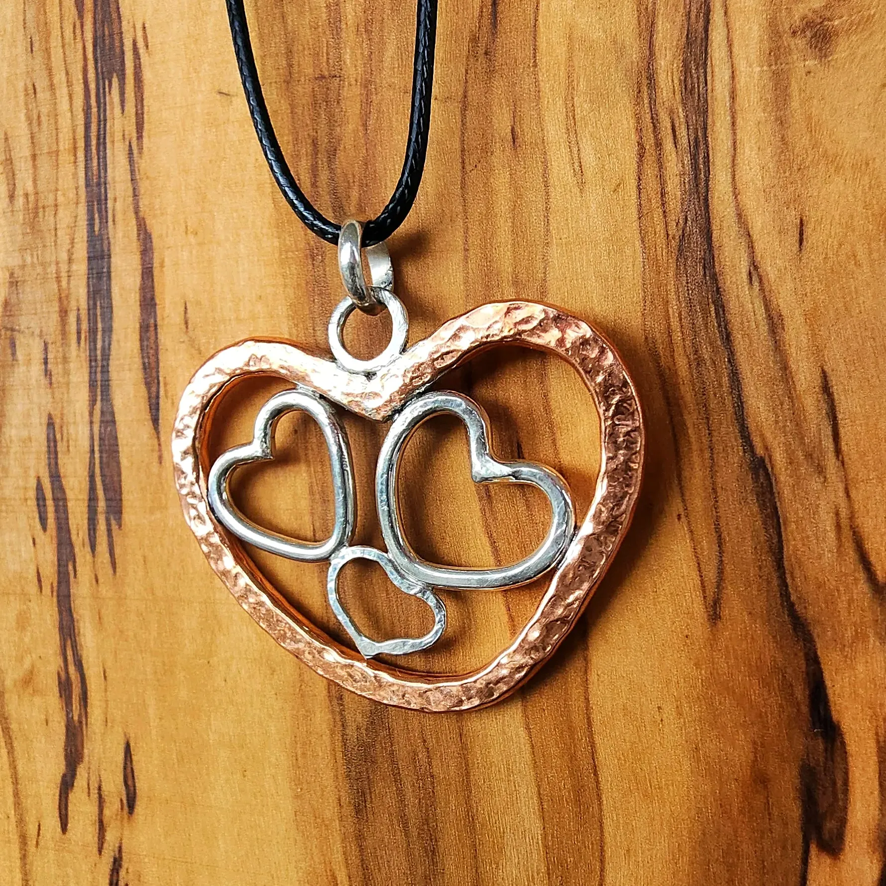 Handmade Quadruple Heart Pendant with Copper & Sterling Silver on Faux Leather