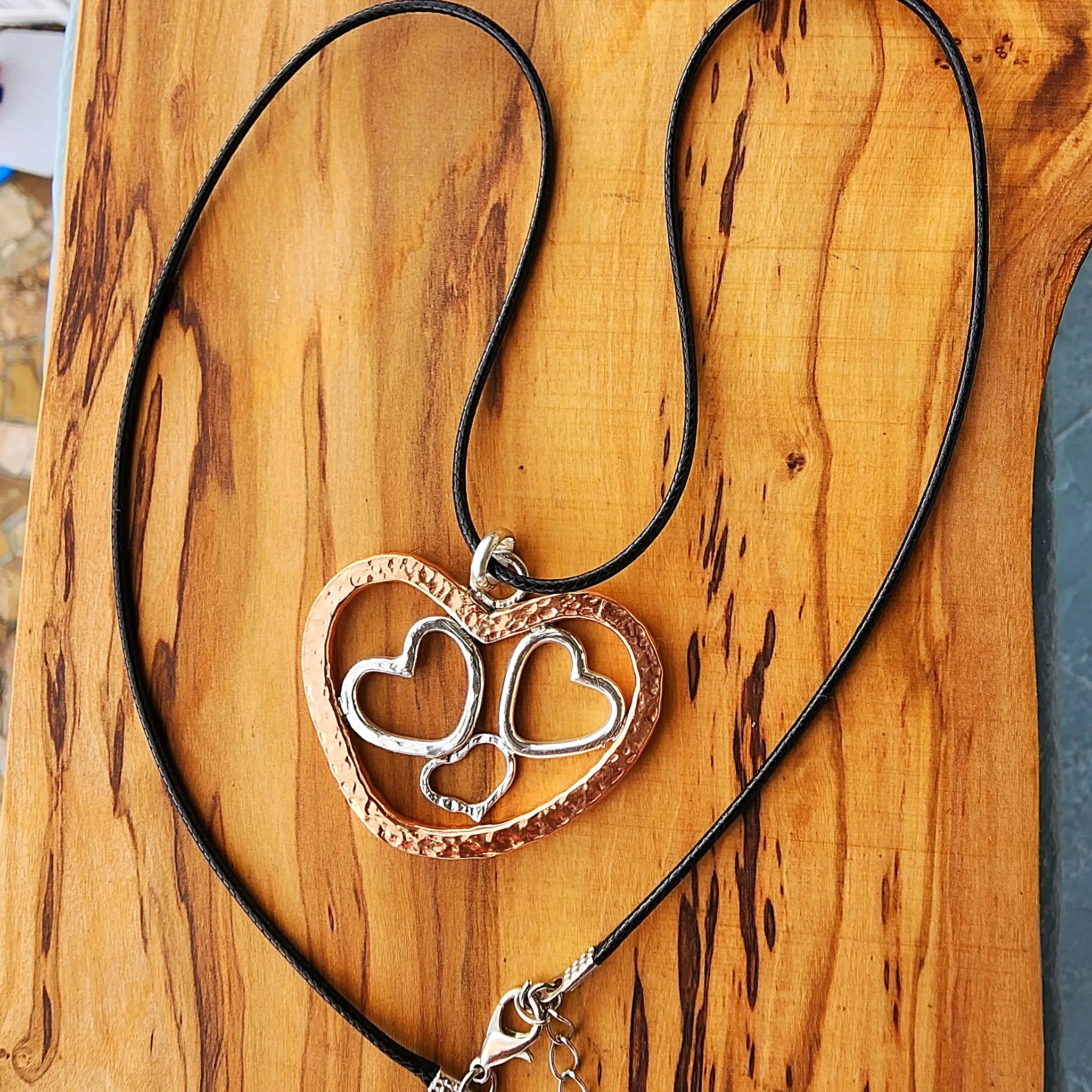 Handmade Quadruple Heart Pendant with Copper & Sterling Silver on Faux Leather