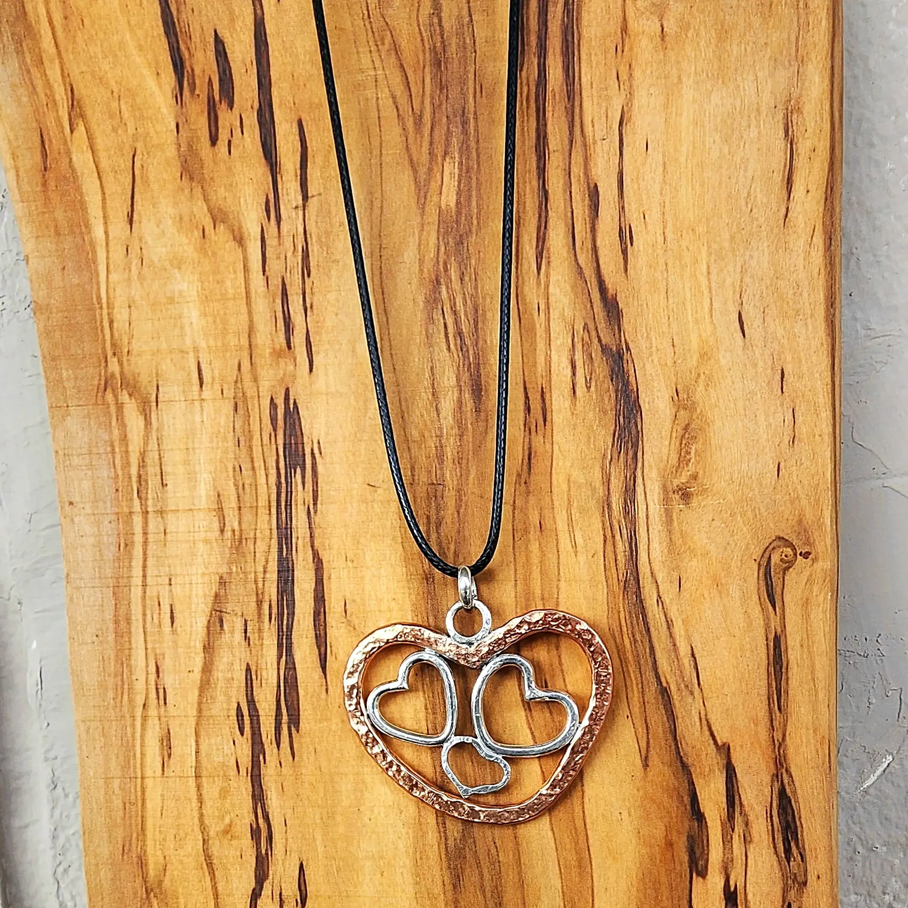 Handmade Quadruple Heart Pendant with Copper & Sterling Silver on Faux Leather