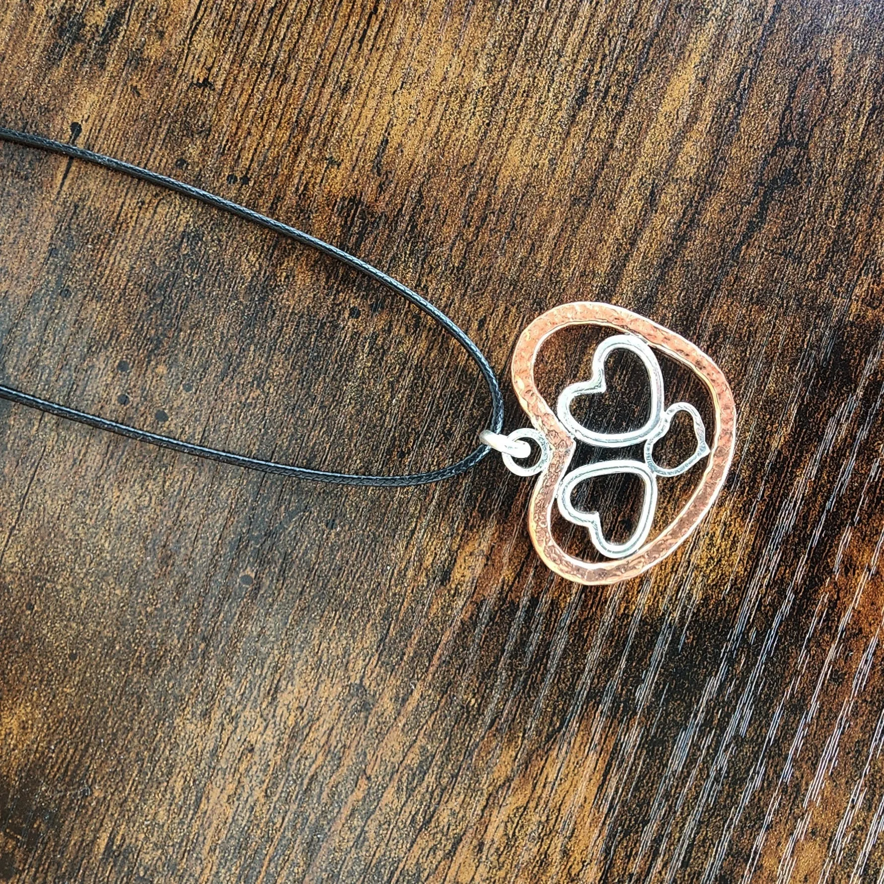 Handmade Quadruple Heart Pendant with Copper & Sterling Silver on Faux Leather