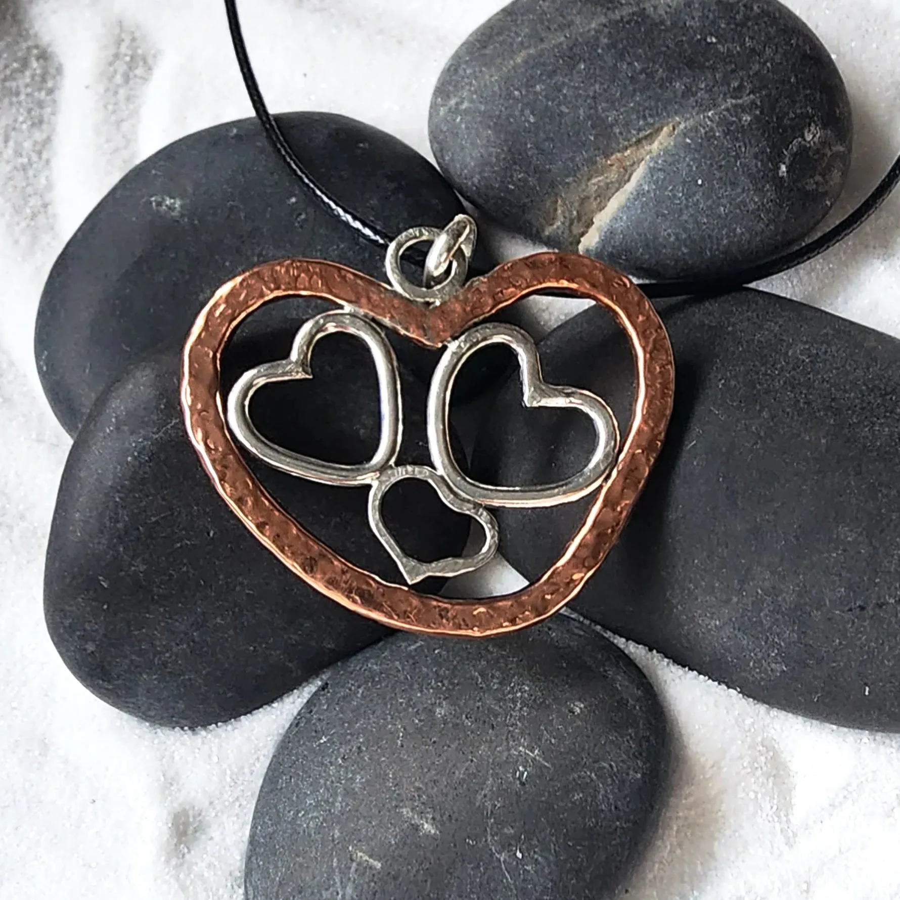 Handmade Quadruple Heart Pendant with Copper & Sterling Silver on Faux Leather