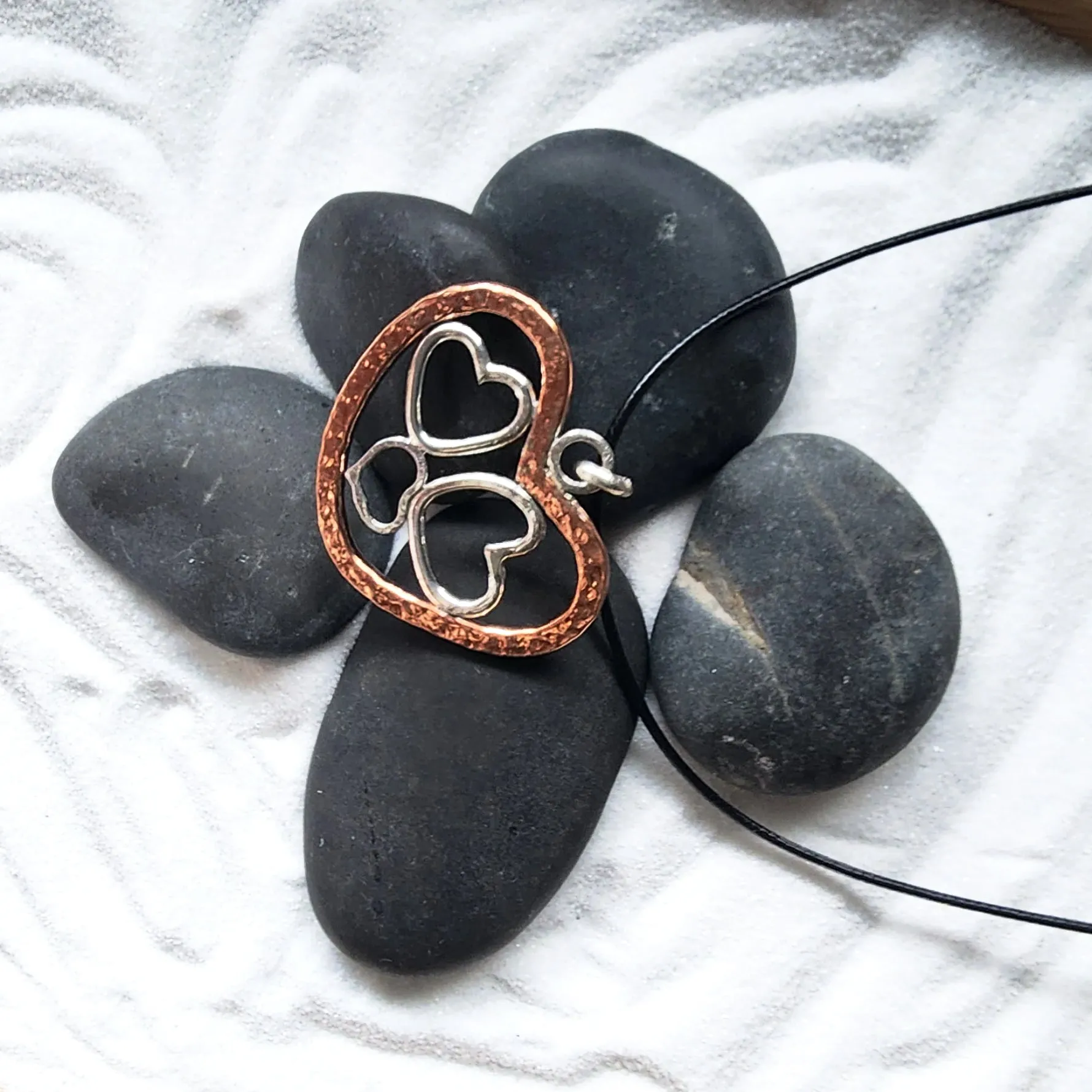 Handmade Quadruple Heart Pendant with Copper & Sterling Silver on Faux Leather