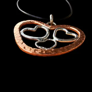Handmade Quadruple Heart Pendant with Copper & Sterling Silver on Faux Leather