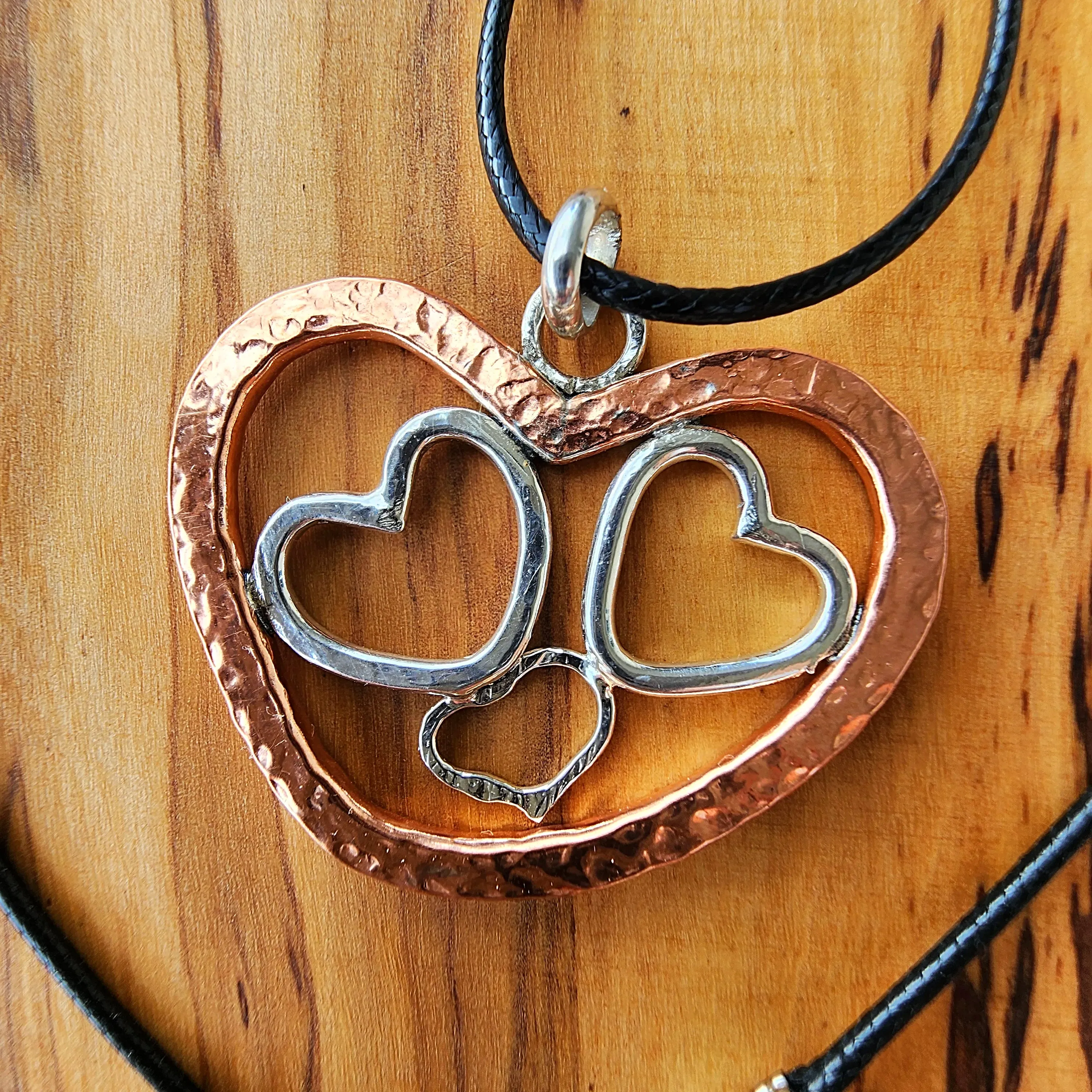 Handmade Quadruple Heart Pendant with Copper & Sterling Silver on Faux Leather