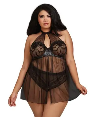High Neck Flyaway Front Babydoll & Thong - Black - Size