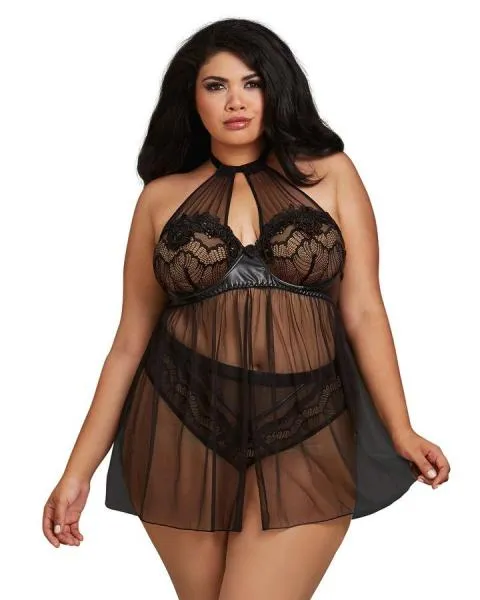 High Neck Flyaway Front Babydoll & Thong - Black - Size