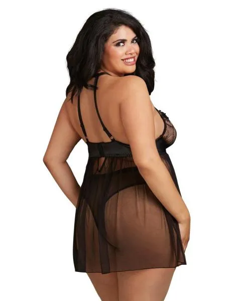 High Neck Flyaway Front Babydoll & Thong - Black - Size