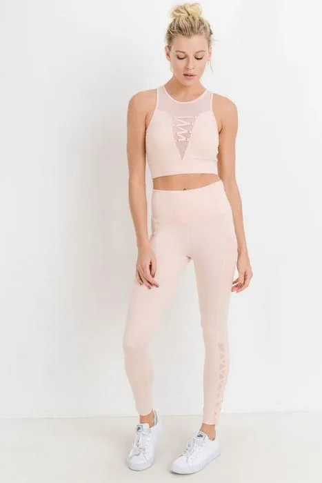 Highwaist Hybrid Mesh & Lattice Straps Full Pocket Leggings