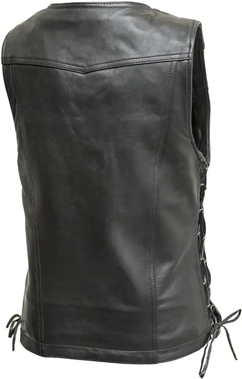 HL14576 - Women's Motorcycle Leather Vest Black Front Zipper side lace in Lamb