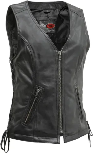 HL14576 - Women's Motorcycle Leather Vest Black Front Zipper side lace in Lamb
