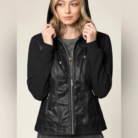 Hooded Faux Leather Jacket Moto Biker Coat -black/black