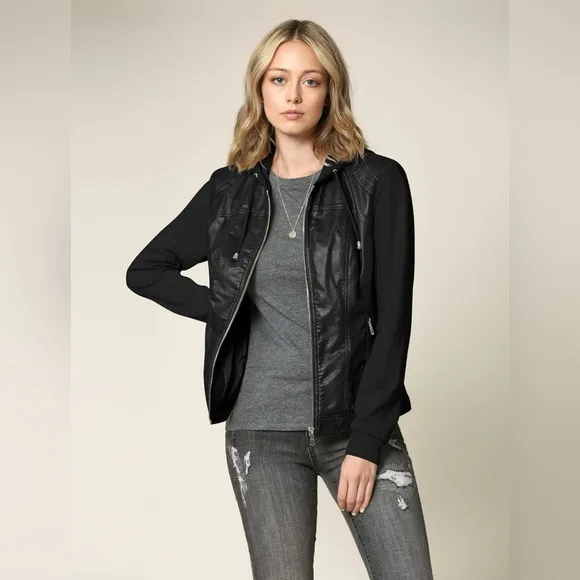 Hooded Faux Leather Jacket Moto Biker Coat -black/black