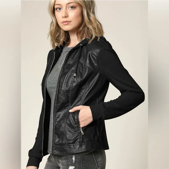 Hooded Faux Leather Jacket Moto Biker Coat -black/black