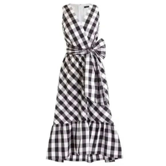 J. Crew Midi Faux Wrap Gingham Poplin Waist Tie Sleeveless Flounce Dress…