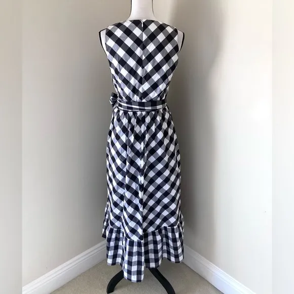 J. Crew Midi Faux Wrap Gingham Poplin Waist Tie Sleeveless Flounce Dress…