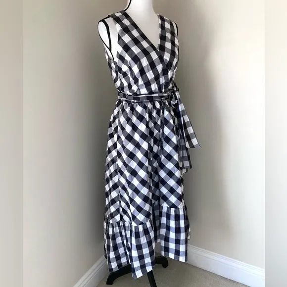 J. Crew Midi Faux Wrap Gingham Poplin Waist Tie Sleeveless Flounce Dress…