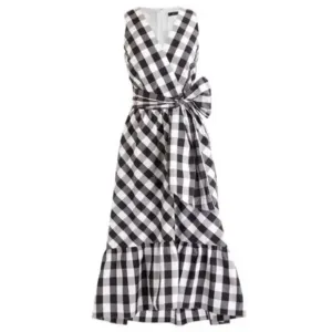 J. Crew Midi Faux Wrap Gingham Poplin Waist Tie Sleeveless Flounce Dress…