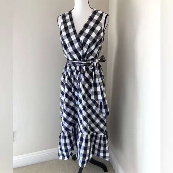 J. Crew Midi Faux Wrap Gingham Poplin Waist Tie Sleeveless Flounce Dress…
