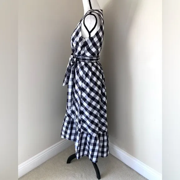 J. Crew Midi Faux Wrap Gingham Poplin Waist Tie Sleeveless Flounce Dress…