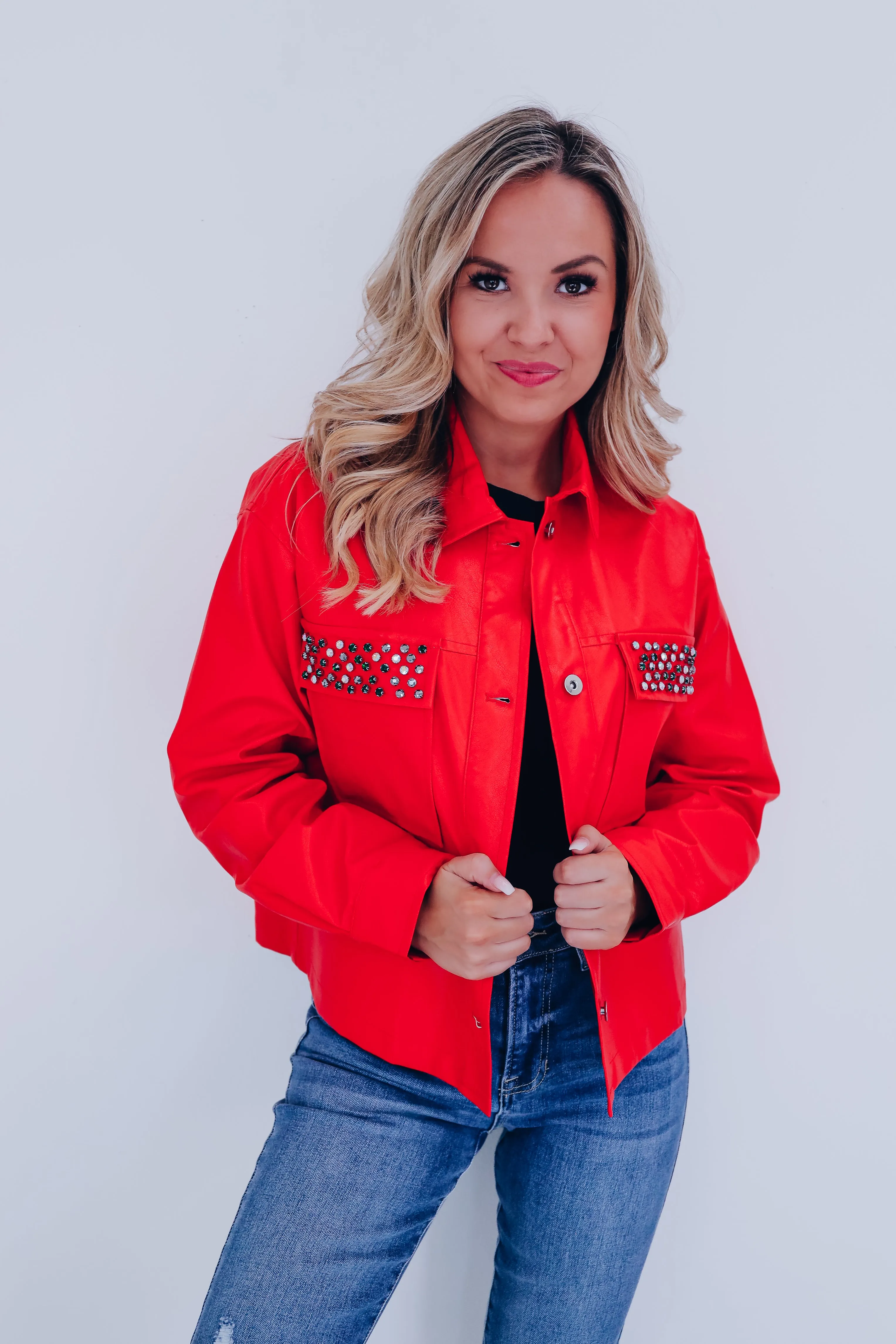 Jackie Jeweled Faux Leather Jacket - Red