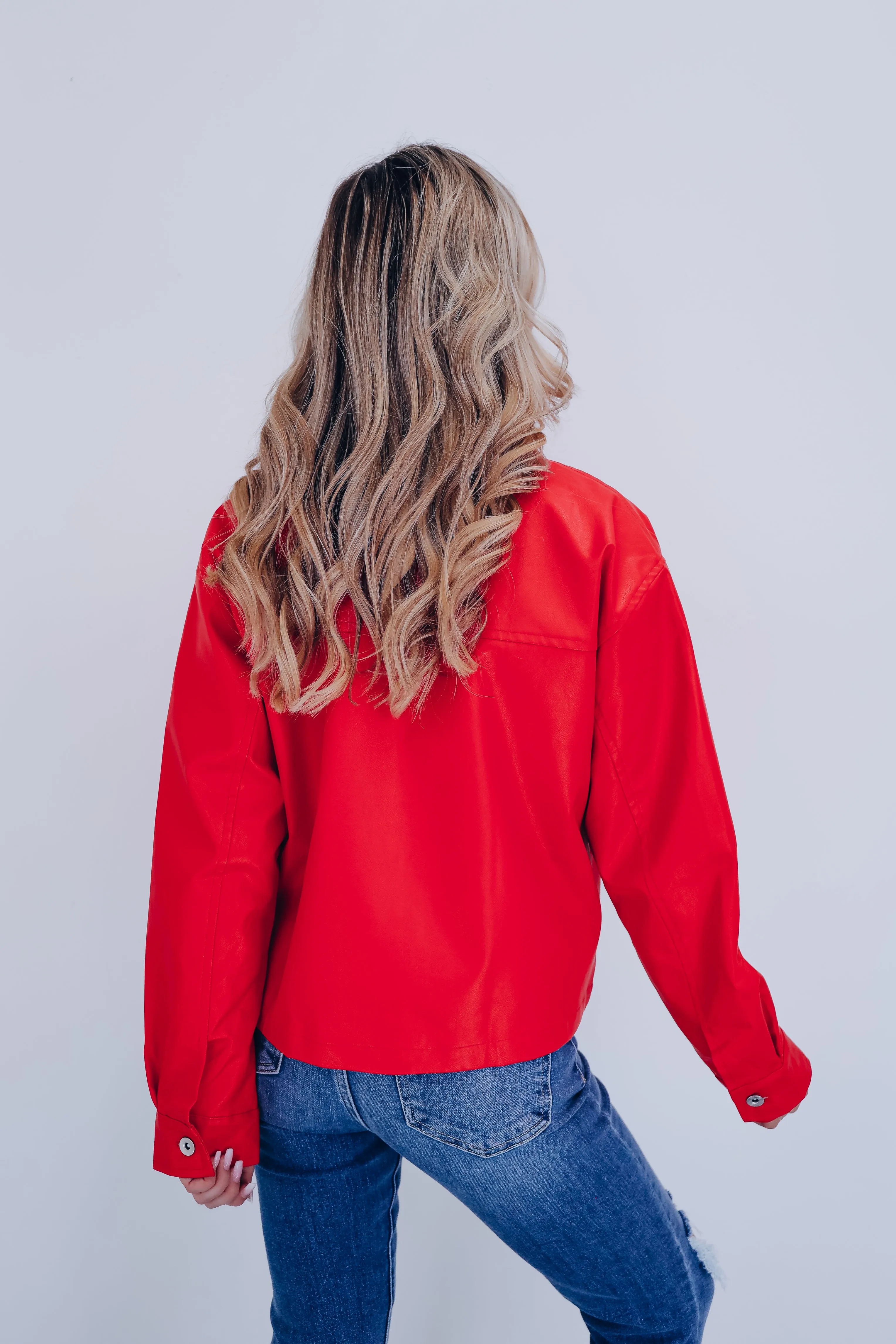 Jackie Jeweled Faux Leather Jacket - Red