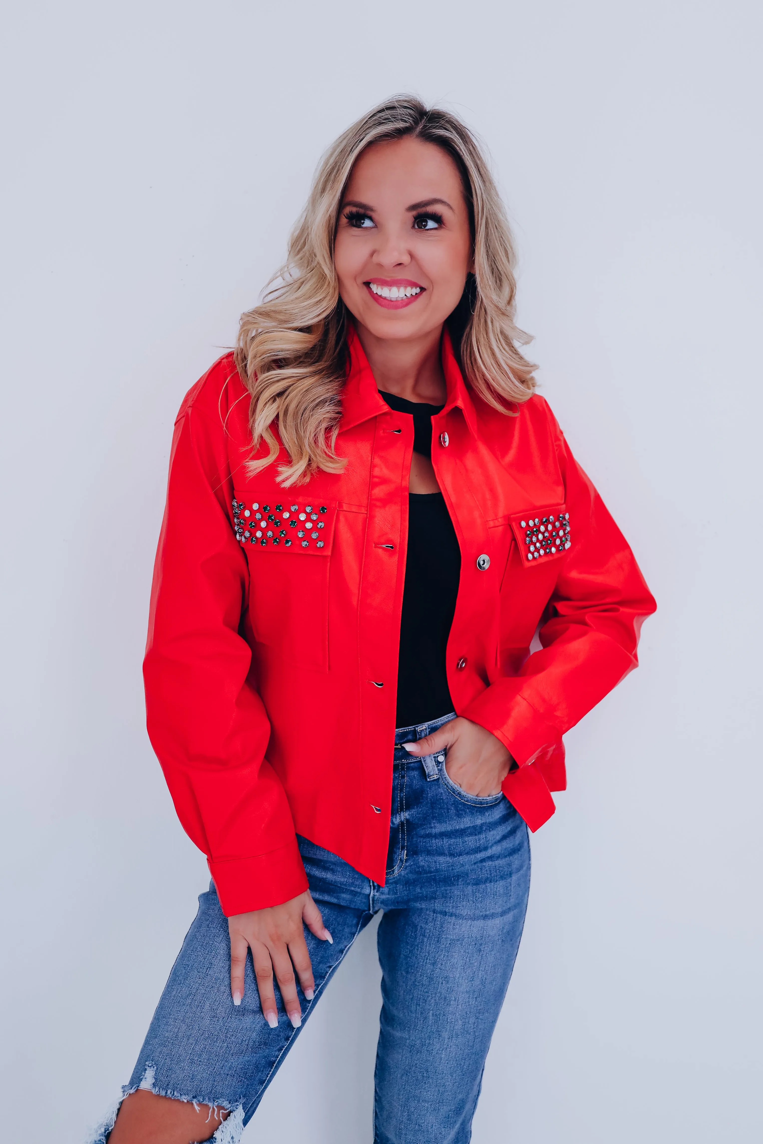 Jackie Jeweled Faux Leather Jacket - Red