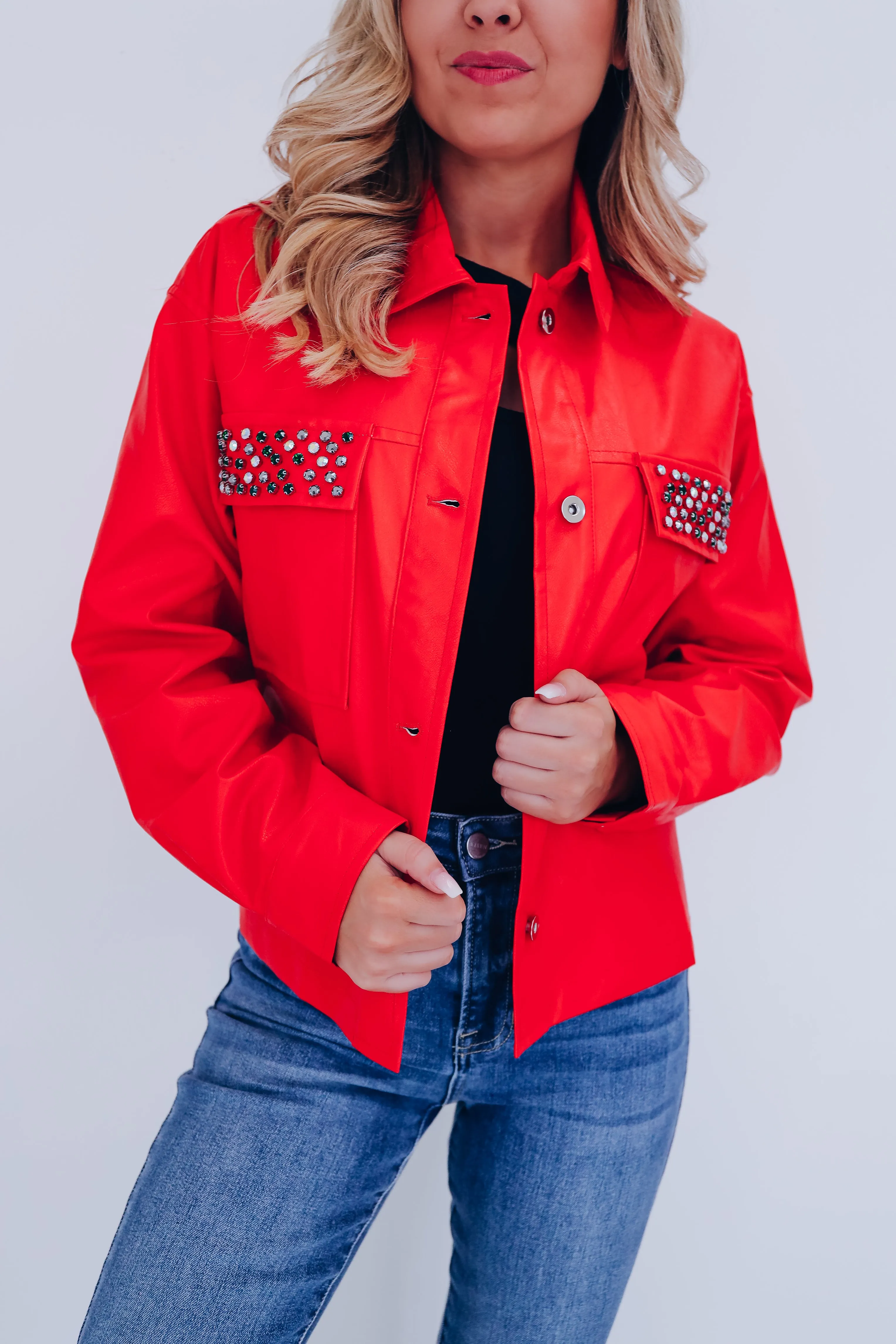 Jackie Jeweled Faux Leather Jacket - Red