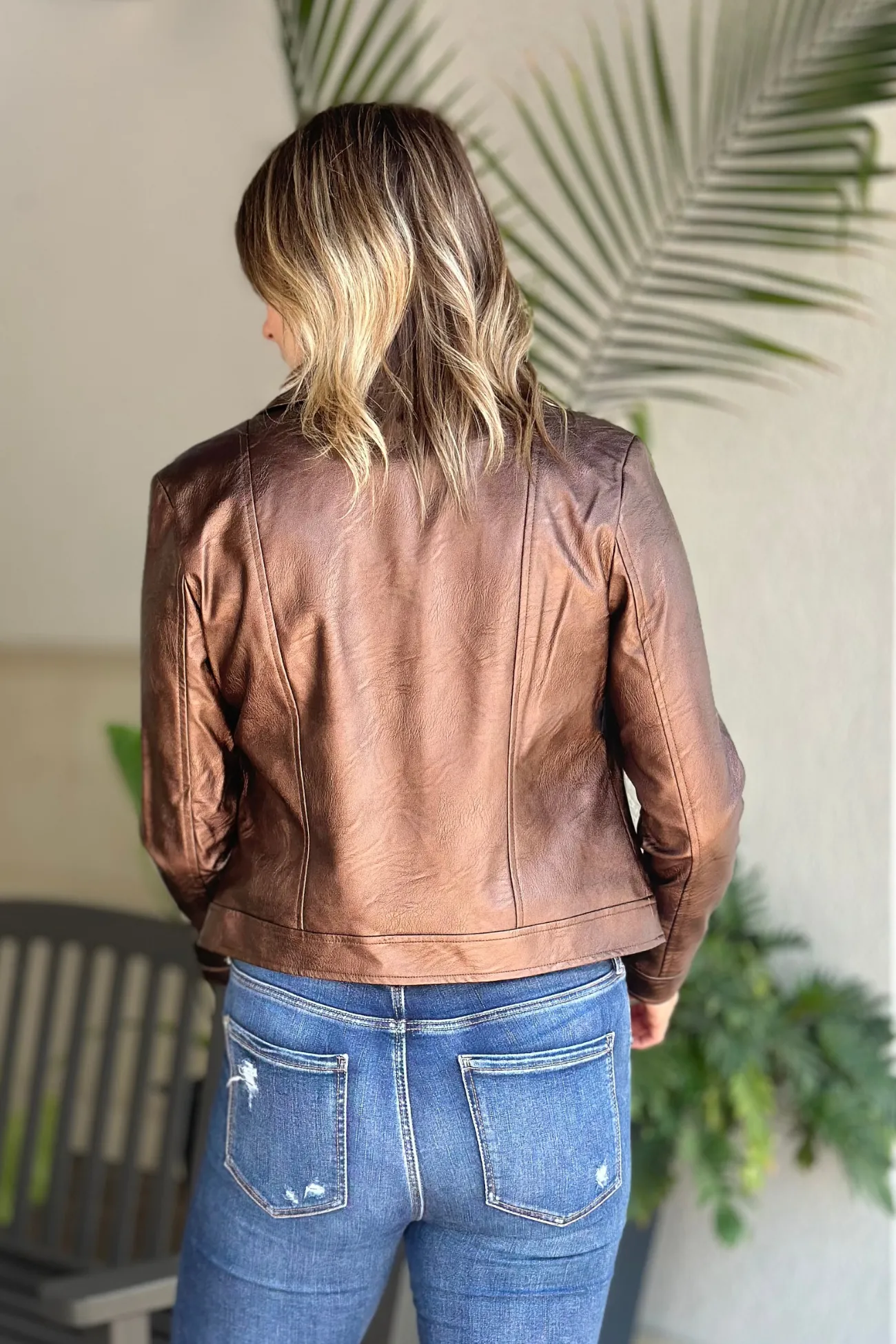 Joseph Ribkoff Bronze Metallic Faux Leather Biker Jacket