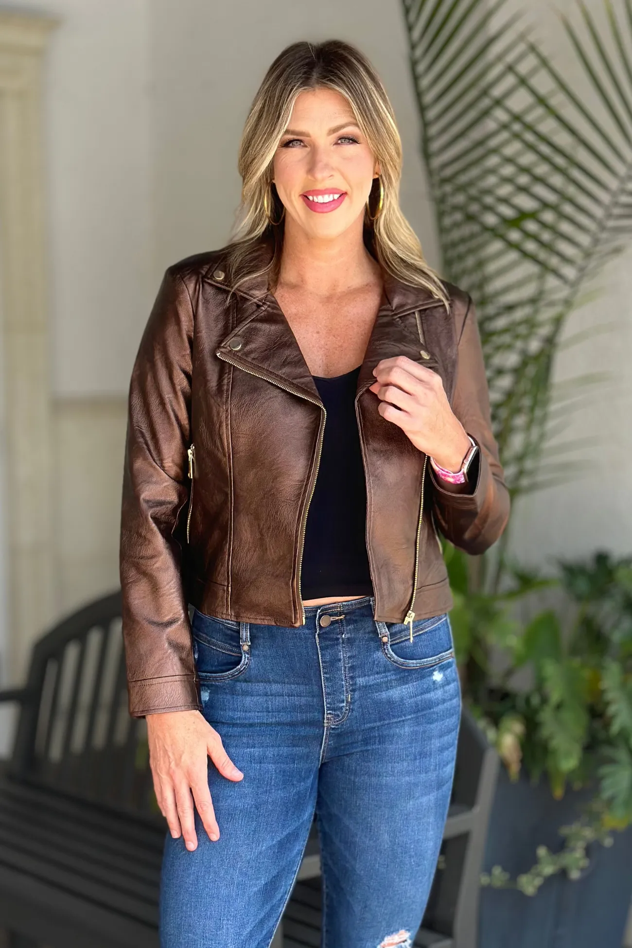 Joseph Ribkoff Bronze Metallic Faux Leather Biker Jacket