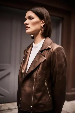 Joseph Ribkoff Bronze Metallic Faux Leather Biker Jacket