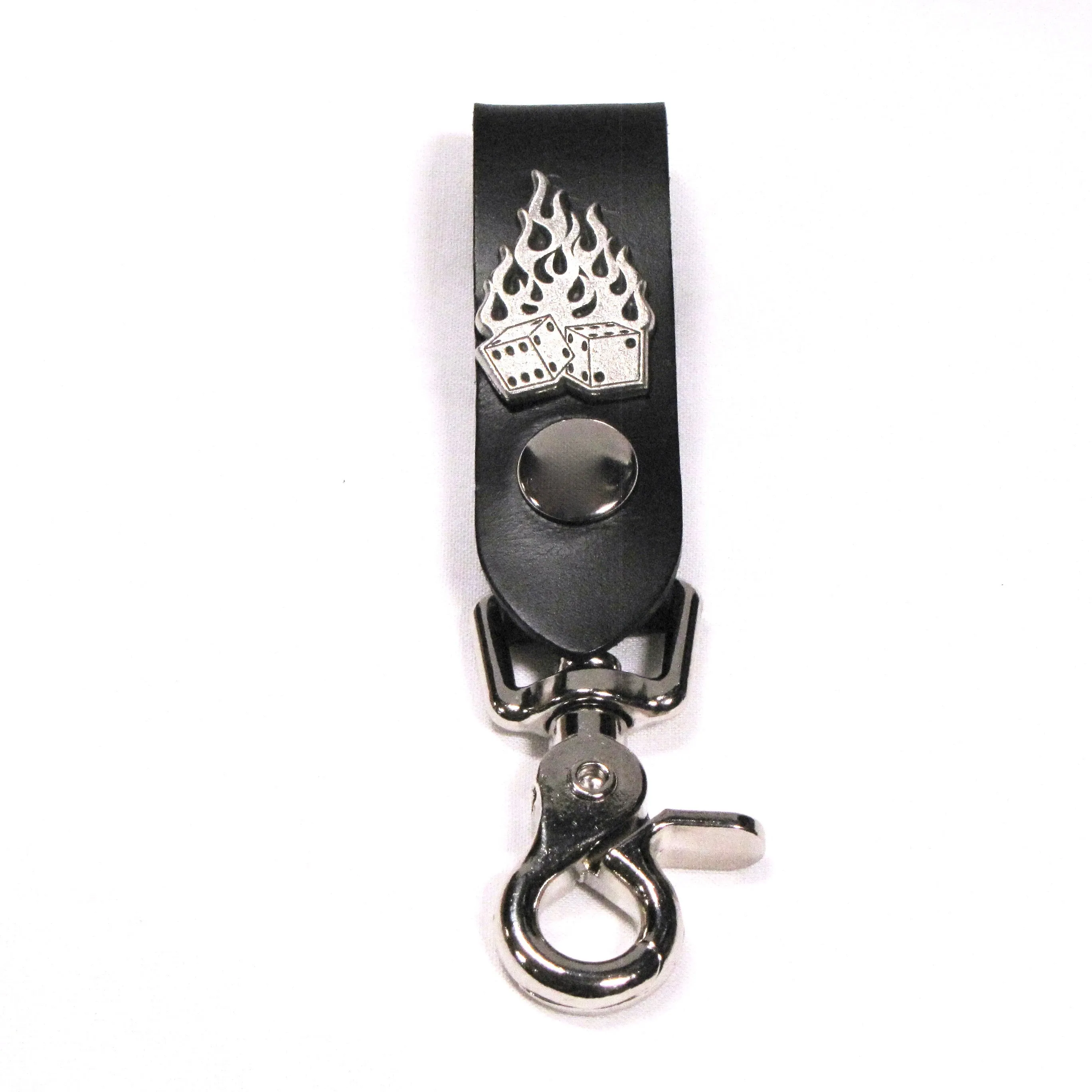 K03-FD  Black Leather Key Fob-Flaming Dice