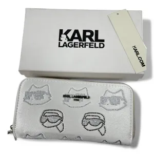 Karl Lagerfeld Paris Women's White Zip-Around Wallet with Rhinestone Motif – Limited Edition