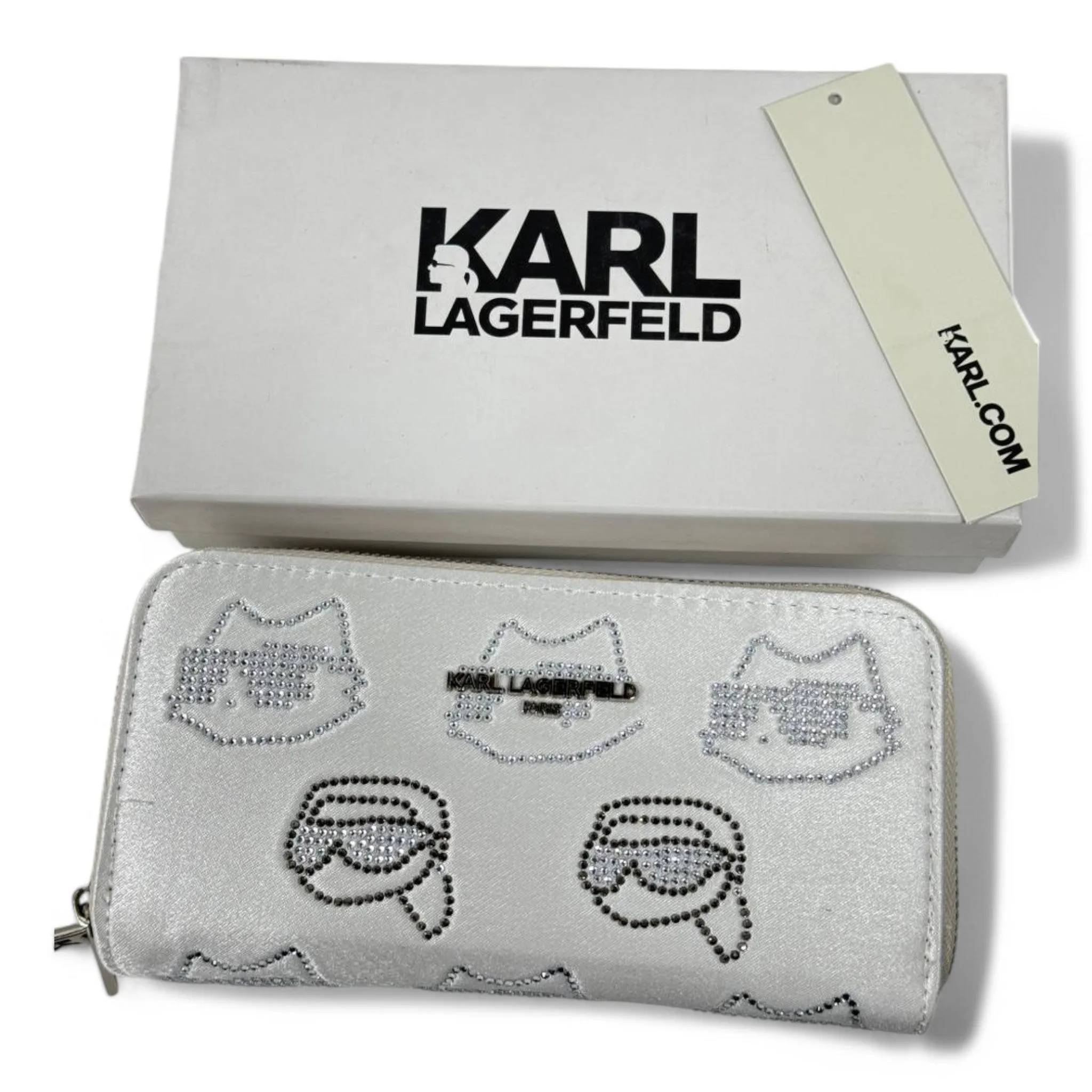 Karl Lagerfeld Paris Women's White Zip-Around Wallet with Rhinestone Motif – Limited Edition