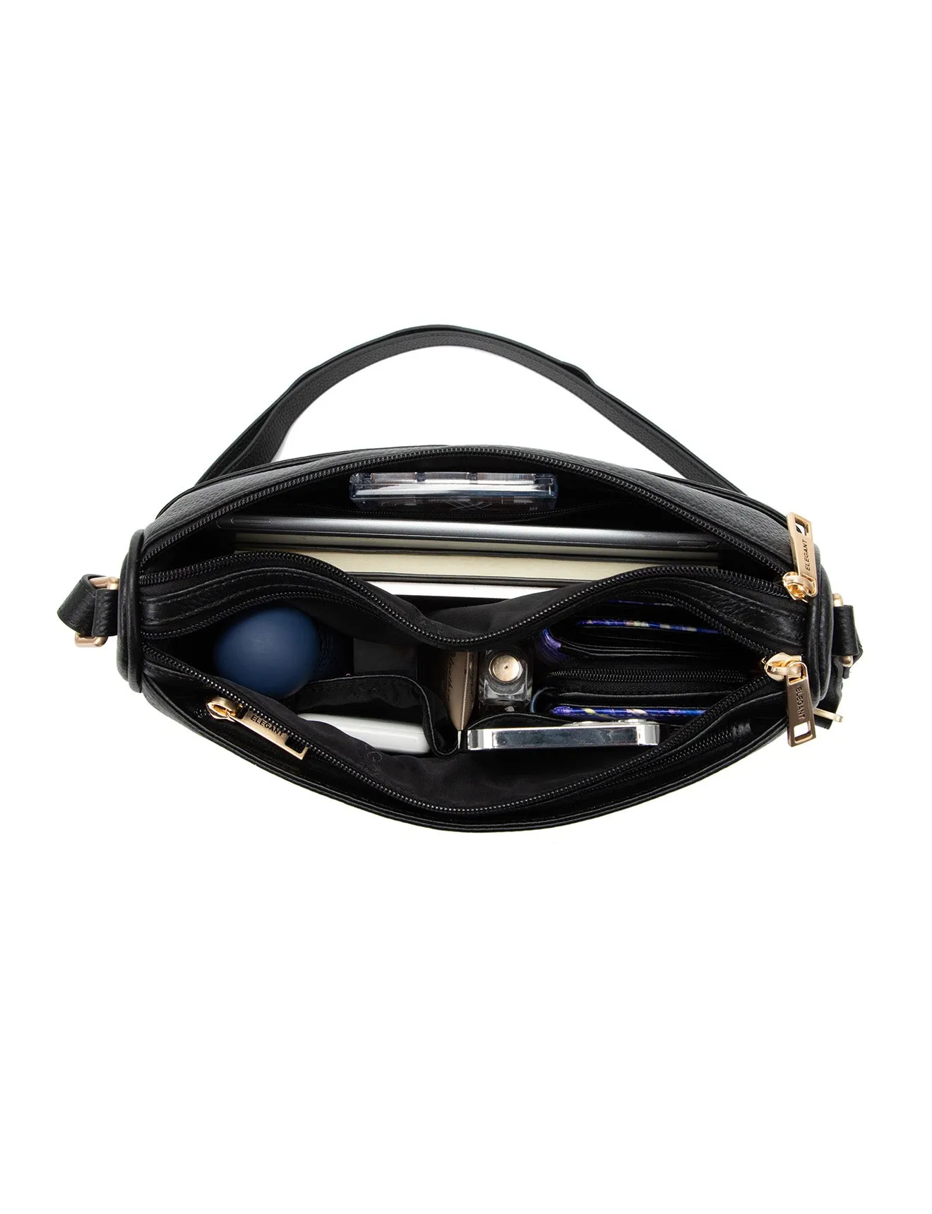 KATRINA MULTI COMPARTMENT LEATHER XBODY BAG- E1-0835-BLK